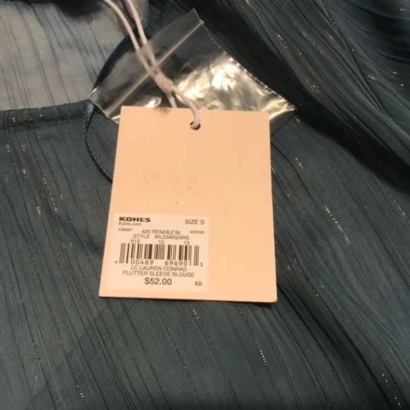 NWT LC Lauren Conrad blue flutter sleeve blouse with silver metallic thread (S) - Picture 7 of 16